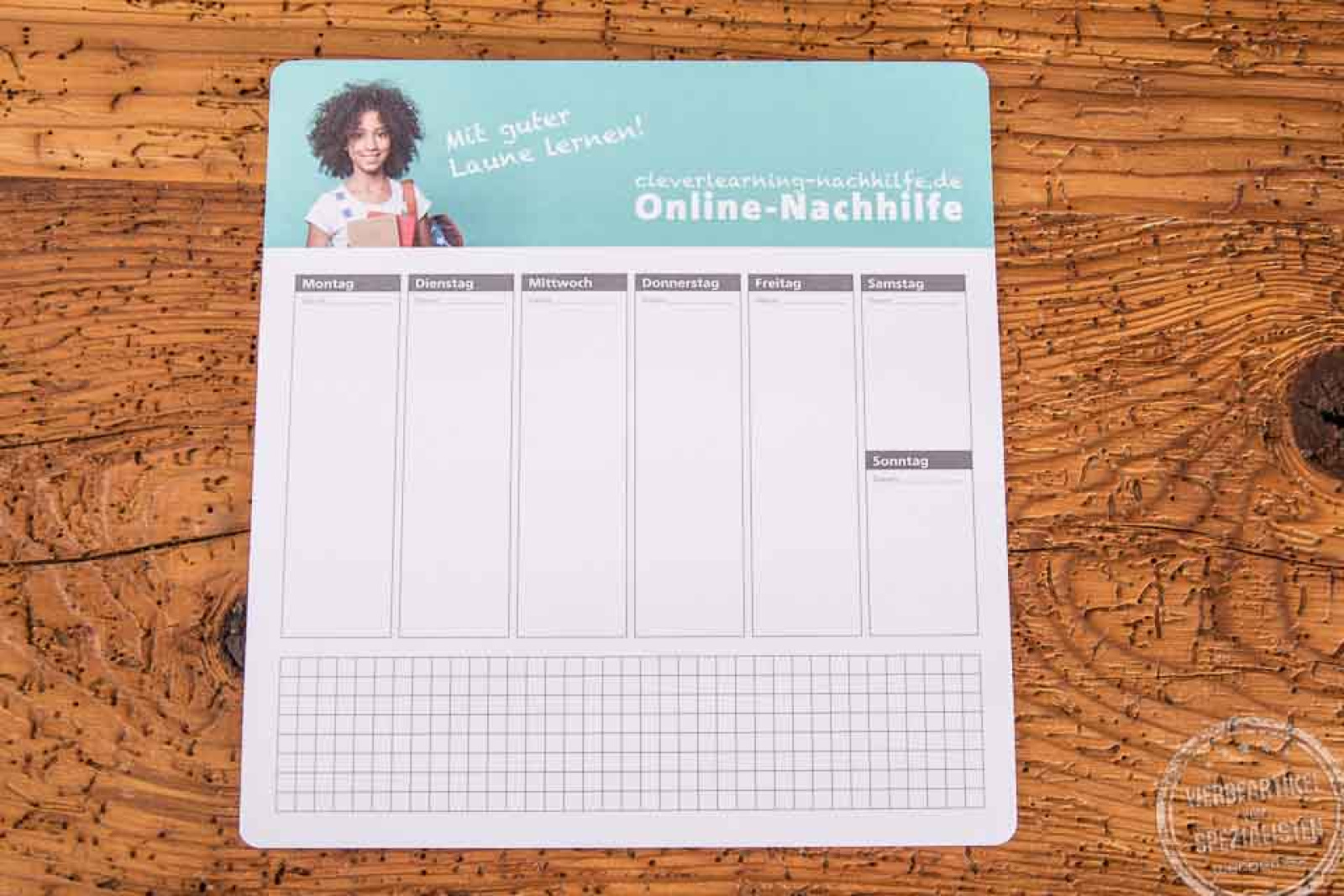 Haftnotizen Mousepad mit Wochenplaner und Online-Nachhilfe Aufdruck als Werbeartikel.